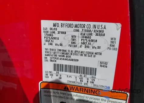 2004 Ford F-150 Fx4/Lariat/Xl/Xlt from USA, damaged, VIN 1FTPX145X4KA08509